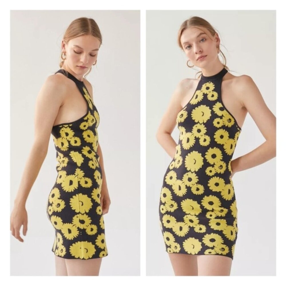 Urban Outfitters | Charlie Mockneck Sweater Dress New Medium Floral Black Yellow